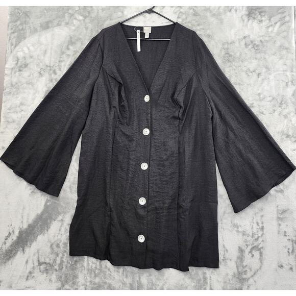 NEW ASOS Curve Dress Womens 20 Black Button Up Linen-Look Mini Fluted Sleeves - Picture 1 of 11